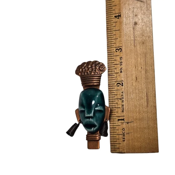 Vintage Art Deco 1940'S Elzac Ceramic Copper Tribal Mask Face Pin Brooch EUC
